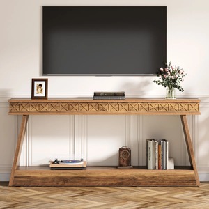 Long Modern Iron Console Table with Carved Geometric Pattern Rustic Brown Finish <b>TV</b> Stand for Living Room Furniture - Product Image 1