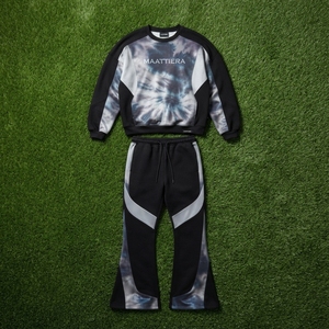 <b>Mens</b> <b>Black</b> Silver <b>Tie</b> Dye Color Block Zip Hoodie Wide Leg Pants Tracksuit Set Custom Streetwear Casual Fashion Look - Product Image 5