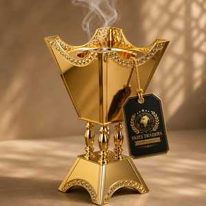 Brûleur d'encens de luxe plaqué or, avec base en piédestal et couronne, encensoir arabe Bakhoor carré en métal, support pour charbon et résine, doré Mabkh - Product Image 3