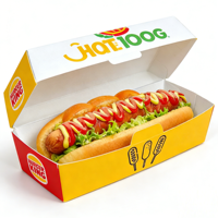 Cajas de Papel para Hot Dogs Coreanos Desechables Personalizadas, de Alta Calidad, con Doble Recubrimiento de PE, Laminación Mate y Grabado en Relieve