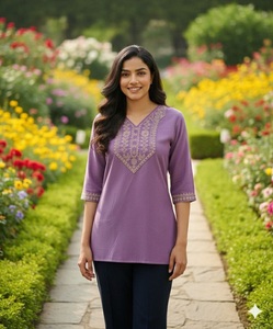 India Daily Wear Purple Embroidered Slub Cotton Kurta For Women Ethanic Loose Fit Casual Wear India Pakistan Style Tunic <b>Top</b> - Product Image 1