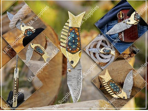 Cuchillo Plegable Multifuncional UA Supplies de Acero de Damasco Grabado a Mano para Caza, Pesca y Uso Diario (EDC) con Mango de Madera y Latón de 7.5 Pulgadas - Product Image 5