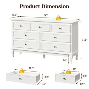 Buffet moderne à 7 tiroirs avec pieds en bois distinctifs, finition peinte en blanc, accent CR - Product Image 2