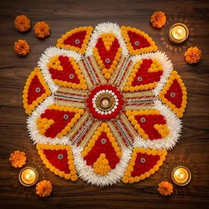 Rangoli de Flores Art Deco Hecho a Mano y Ecológico, Decoración de Piso de Tela, Decoración Tradicional de Diwali para Entrada, Decoración Interior del Hogar - Product Image 6