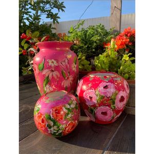 Juego de Jarrones de Metal Esmaltado con Flores, Hechos a Mano, de Lujo, Decorativos con Lámina Dorada, Estilo Shabby Chic, Jarrón de Flores Rosado para Decoración de Mesa de Boda o Hogar - Product Image 1