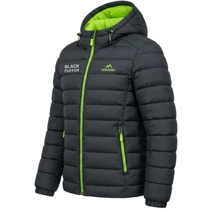 Veste matelassée d'hiver pour homme Custom One Apex, noire avec fermeture éclair verte, à capuche, légère et chaude, rembourrée en duvet - Product Image 1