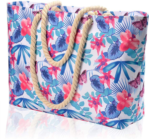 Tropical Floral Print <b>Canvas</b> Beach <b>Bag</b> Women <b>Large</b> Capacity Rope Handle Summer Holiday Tote <b>Bag</b> Custom Logo Shoulder <b>Bag</b> - Product Image 1