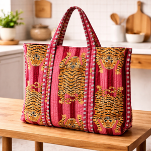 Pink Tiger Print Cotton Tote Bag Large Capacity Reusable Shopping Bag Eco Friendly Women Shoulder Handbag Wholesale - Product Image 1