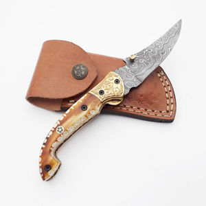 Couteau pliant à double lame en acier de Damas avec lame à motif unique et manche fait main, idéal pour les cadeaux et les voyages - Product Image 2