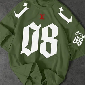 เสื้อยืดลำลองผู้ชายลายกราฟิกสตรีทแวร์ สีดำขาว ตัวเลข '08' ทรงหลวม ไหล่ตก พิมพ์ลายดิจิทัล ระบายอากาศได้ดี เหมาะสำหรับฤดูร้อน - Product Image 1