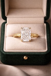 Radiant Cut <b>Diamond</b> Gold Promise <b>Ring</b> with Bezel Setting and Vintage Scroll Engraving Luxury Christian Wedding <b>Ring</b> - Product Image 6
