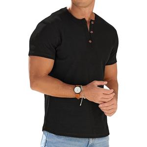 T-shirt de sport pour homme à col montant, coupe ajustée, manches courtes, délavé, uni, décontracté, séchage rapide, boutonné sur le devant, 180g, vierge - Product Image 1