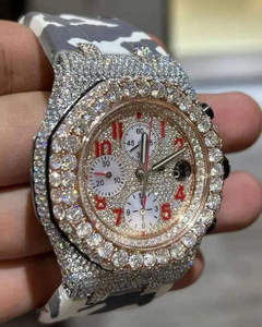 Reloj de Cuarzo de Lujo con Incrustaciones de Diamantes, Cronógrafo, Fecha, Análogo Redondo, Correa de Silicona de Camuflaje, Estilo Hip Hop, Unisex - Product Image 1