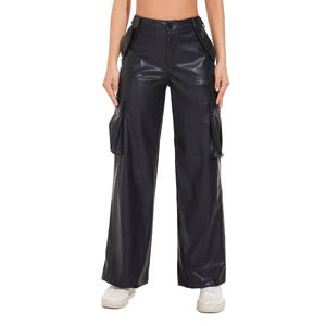 Pantalones Rectos de PU de Cintura Alta para Mujer, Corte Regular, Largos, con Bolsillos Utilitarios, Frente Plano, Cierre de Botones, Color Sólido, Estilo Urbano, Invierno - Product Image 1