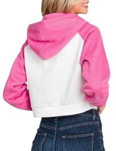 Sweat à capuche zippé à manches raglan contrastées pour femmes avec logo avant Vêtements d'hiver à manches longues avec capuche courte et poche - Product Image 5