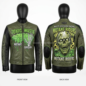 Black Grey Distressed Leather <b>Racing</b> <b>Jacket</b> Garage Ghoul Mechanic Skull Graphic Wrench Print Biker Coat Custom Manufacturer - Product Image 3