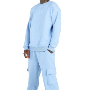 Men's Light Blue Tracksuit Set Crew Neck <b>Sweatshirt</b> With Side Pockets Regular Fit Full Length Cotton Autumn Casual Wear - Product Image 2