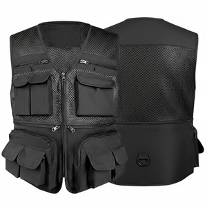 Men's Breathable Multi-Pocket <b>Vest</b> Sleeveless Casual Work Outer Wear Zipper Closure Solid <b>Black</b> Mesh Polyester - Product Image 4