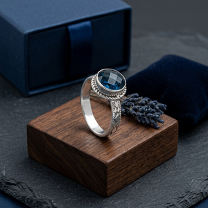 London Blue Topaz Lab Created 8x10mm Oval Shape <b>Statement</b> <b>Ring</b> Natural Silver Plated Matte Finish Boho <b>Ring</b> - Product Image 1