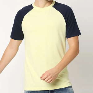 Camiseta de Manga Raglán para Hombre, Amarillo Claro, Azul Marino, Cuello Redondo, Corte Regular, Informal, de Jersey de Algodón Transpirable, Color Sólido, Manga Corta - Product Image 1