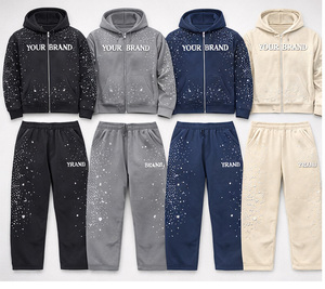 Custom Men Winter <b>Knitted</b> 420g Rhinestone Tracksuit <b>Set</b> Breathable Zip Hoodie Joggers Fleece Streetwear 100% Cotton Wholesale - Product Image 4