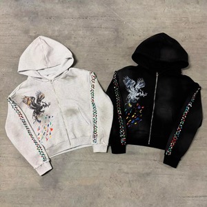 Sudadera con capucha personalizada OEM con efecto desgastado y pedrería para hombre y mujer, sudadera para la temporada de invierno, suministro ODM. - Product Image 4