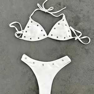 <b>White</b> Women's <b>Bikini</b> <b>Set</b> Crossed Halter Top Thong Bottom Rivet Decoration Spandex Polyester Stretch Solid Color - Product Image 5
