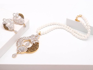 Peacock Inspired Pearl Necklace Set 22K Gold Plated Brass CZ Stone Jewelry Antique Gold Bridal Gift For Her - Product Image 2