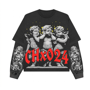 Camisa Premium de Doble Capa de Algodón de 220 GSM, Negra con Estampado Gráfico, Panel de Manga en Contraste, Logotipo Personalizado - Product Image 5