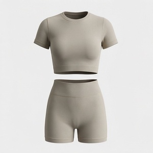 Women's 2 Piece Knitted Sports Set <b>Short</b> Sleeve Crop <b>Top</b> <b>and</b> High Waist <b>Shorts</b> Solid Color Breathable Sporty Fit Spring Summer - Product Image 1