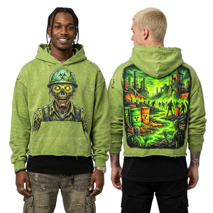 Sudadera con capucha verde azulado para hombre con cremallera, estampado gráfico personalizado de Zombie Diver, lavado vintage, estilo urbano, chaqueta de forro polar oversize. - Product Image 5
