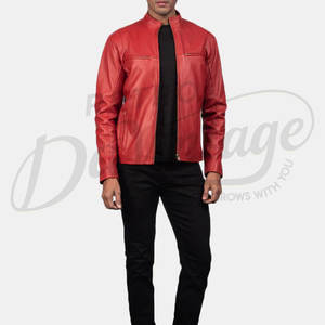 Blouson de motard en cuir rouge premium pour homme, en véritable peau de mouton, coupe ajustée, col montant, fermeture éclair, style sport et mode. - Product Image 3