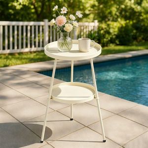 Tavolino da Patio Rotondo a 2 Livelli in Metallo Bianco Crema, Piccolo Tavolo Laterale per Interni ed Esterni, per Caffè o Uso Generale - Product Image 6