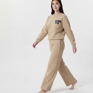 Trendy Beige Color Women Sweatsuit 100%/ Cotton <b>Fleece</b> Loose Fit Drop Shoulders Crew Neck Custom private Label - Product Image 2