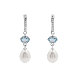 Pendientes colgantes de plata 925 100% pura con topacio azul y perla de agua de mar, joyería fina clásica para boda para mujer - Product Image 1