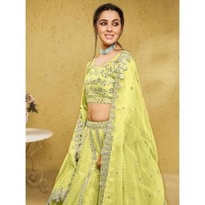 Awesome Lime <b>Green</b> Foil Work <b>Net</b> Mehendi Wear Lehenga Choli - Product Image 4