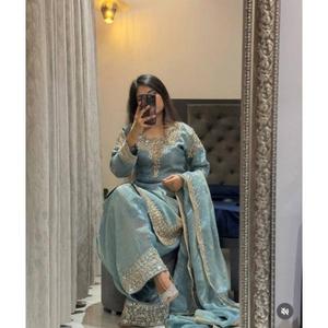 Lancement d'un nouveau design tendance : Ensemble prêt-à-porter en soie avec haut, palazzo et dupatta - Product Image 1