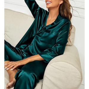 Custom Print Satin Pajama Set Long Sleeve Notch Collar Elastic Waist Straight <b>Pants</b> Loungewear - Product Image 3