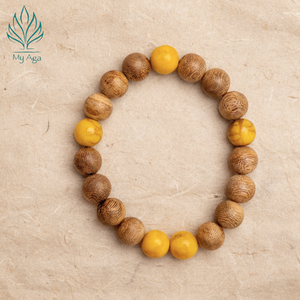 Bracelet élégant en bois d'agar perlé, forme ronde, bracelet en bois d'agar naturel vietnamien avec corail fossile jaune AL-SV-0027-10 Unisexe - Product Image 3
