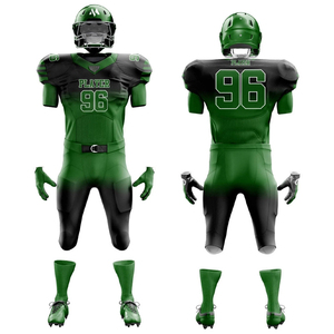 Uniformes de Fútbol Americano Personalizados al por Mayor, Conjunto de Jersey y Pantalones Sublimados en Verde y Negro, Fabricante al por Mayor - Product Image 1