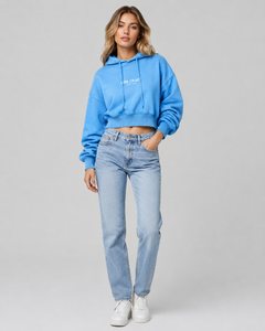Sweat-shirt court à capuche pour femme Vibe Craft, bleu, en coton, décontracté, avec logo imprimé sur le devant, manches longues, doublure tricotée, respirant, automne - Product Image 5