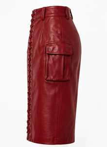 Premium Quality <b>Women</b>’s Burgundy <b>Leather</b> Lace-Up <b>Skirt</b> with Pockets - Product Image 2