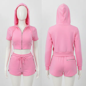 Womens Solid Pink Short Sleeve <b>Zip</b>-<b>Up</b> Cropped Hoodie and Matching Drawstring Shorts Twin Set OEM ODM Wholesale Apparel - Product Image 6