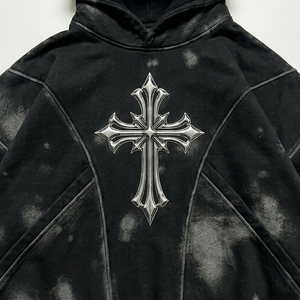 Sweat à capuche oversize délavé effet vieilli, doublé pour l'hiver, tricoté, avec logo brodé en 3D, style streetwear homme, 100% coton - Product Image 6
