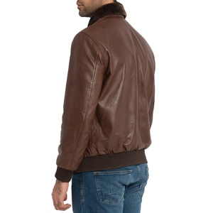 Men's Brown Genuine Leather Bomber Jacket Stand Zipper Closure Waterproof Winter Windproof Front Moto Biker Style Factory Price - Product Image 2