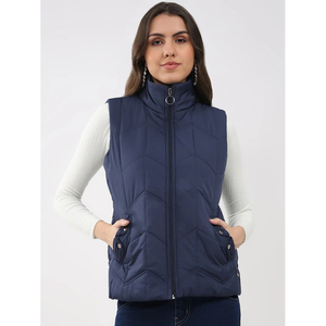 Gilet matelassé bleu marine pour femme, sans manches, fermeture éclair, col montant, vêtement d'extérieur décontracté, longueur normale, couleur unie - Product Image 1