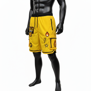 Soft lightweight polyester windbreaker <b>shorts</b> yellow black cargo panel embroidery <b>patch</b> heat transfer custom logo <b>men's</b> <b>shorts</b> - Product Image 4