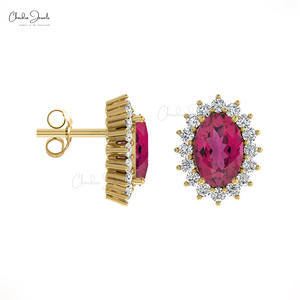 Boucles d'oreilles clous ovales 6x4 mm en tourmaline rose de haute qualité, pierre de naissance d'octobre, avec halo de diamants en or blanc véritable 14 carats, à prix avantageux - Product Image 4