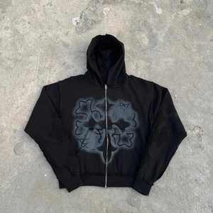 เสื้อฮู้ดซิป Chrome Heart ลายพิมพ์แบบ Acid Wash สำหรับทุกเพศ ผ้าฝ้ายนุ่ม สไตล์คลาสสิก ทรงโอเวอร์ไซส์ สตรีทแวร์ ดีไซน์ Distress - Product Image 5
