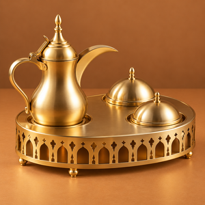 Ensemble à café en métal de style moyen-oriental avec pot Dallah et plateau décoratif, design portable et durable pour les mariages et les fêtes - Product Image 1
